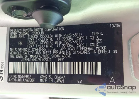 2007 Toyota 4Runner Sport V6 z USA, uszkodzony, nr VIN JTEBU14R078082024